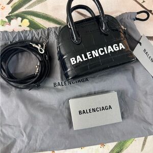 Balenciaga Black Croc-Effect Mini Top-Handle Bag with White Logo